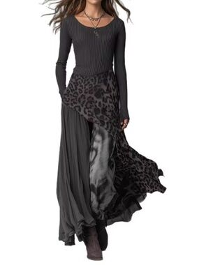 STYLISH LEOPARD PRINT PATCHWORK CASUAL LONG-SLEEVED MAXI DRESS